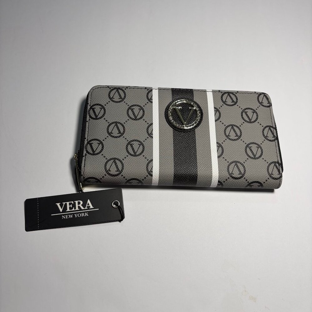Vera New York Signature Zip Around Wallet Gray Black‎ Stripe Designer Long 8X4